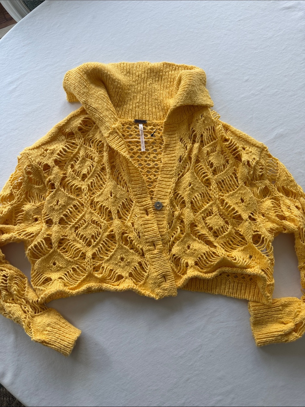 Yellow Crochet Openwork Button Cardigan Cropped Sweater XS